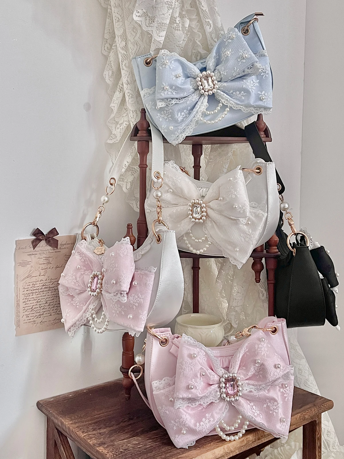 Original Sweet Girl's Cute Big Bow Lolita Crossbody Bag 2025 New Women's Pearl Chain Pink Princess Handbag Lo Shoulder Bags
