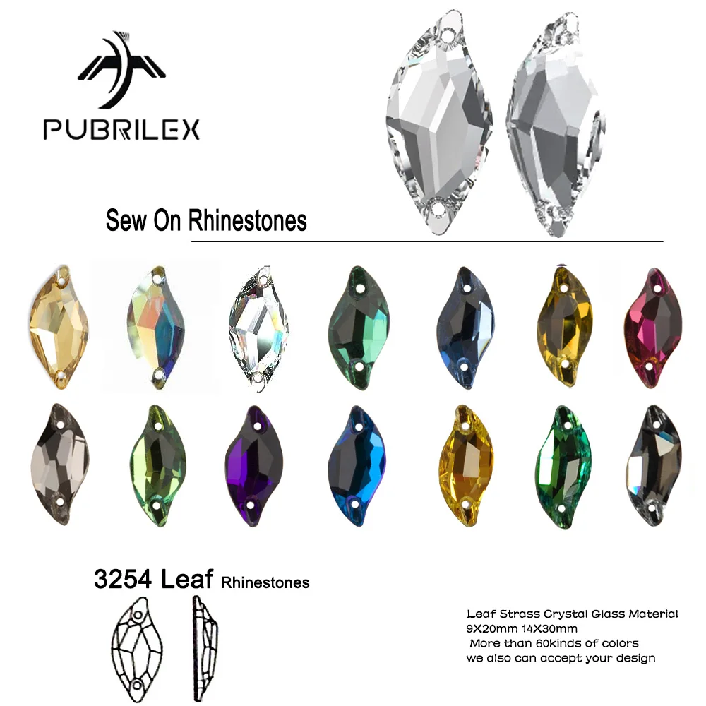 Pubrilex 3254 Leaf Sew On Rhinestone Flatback K9 Glass Sewing Stones Crystal Rhinestones for Garment Applique Diamond Jewelry