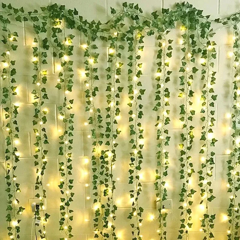 Artificial Plant Green Ivy Leaf with String Lights DIY Garland Wedding Party Decor Garden Wall Hanging Vine Festive Fake Leaves