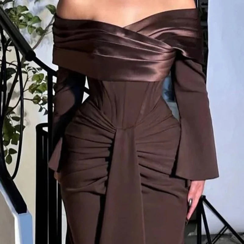 매력적인 브라운 오프숄더 롱 슬리브 머메이드 정장 이브닝 드레스, 우아한 브라운 오프숄더 롱 슬리브 머메이드 프롬 드레스