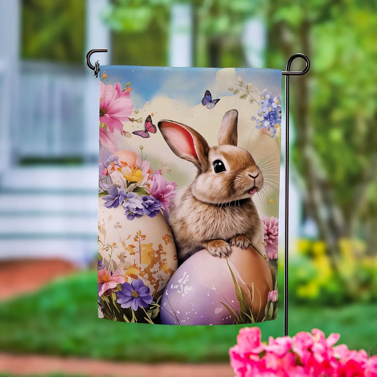 Evergreen Bunny & Easter Egg Suede Garden Flag 12x18 Double Sided, All Weather Flags For Outside House, Welcome Spring F ZZM