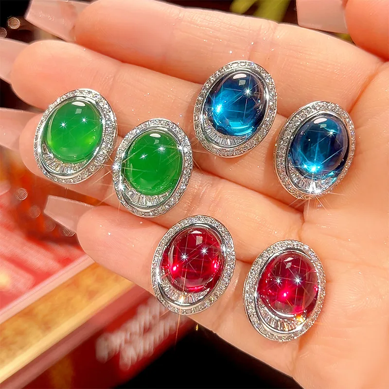 

Luxury Oval Star Gem Unusual Earring for Women Red Green Blue Crystal Fashion Party Wedding Jewelry Accessories Anniversary Gift
