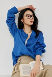 VIMLY Women Autumn Commuter 100% Linen T-Shirt Blouse Vintage Straight Loose Shirt Casual Long Sleeve Simple Cardigan Tops