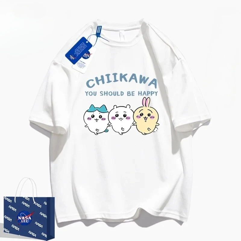 Chiikawa You Should Be Happy T-shirt Unisex Cute Three Characters Cartoon Print WhiteShort Sleeve Cotton Tee
