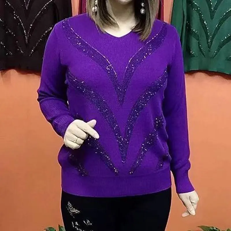 Camiseta de punto con corte de onda de diamantes elegantes para mujer, cuello en V informal, ropa de manga larga, jerséis sueltos de Color sólido,