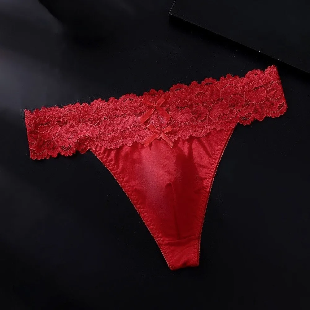Men's Satin Lace G-String Thongs with 3D Bulge Pouch Low Waist Underwear for Men Nude Red Green Black White M-3XL