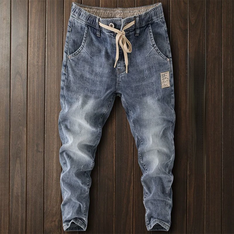 

Luxury Korean Style Clothes Men's Denim Jeans with Elastic Waistband Drawstring for Washed Autumn Casual Stretch Jeans Male Q07