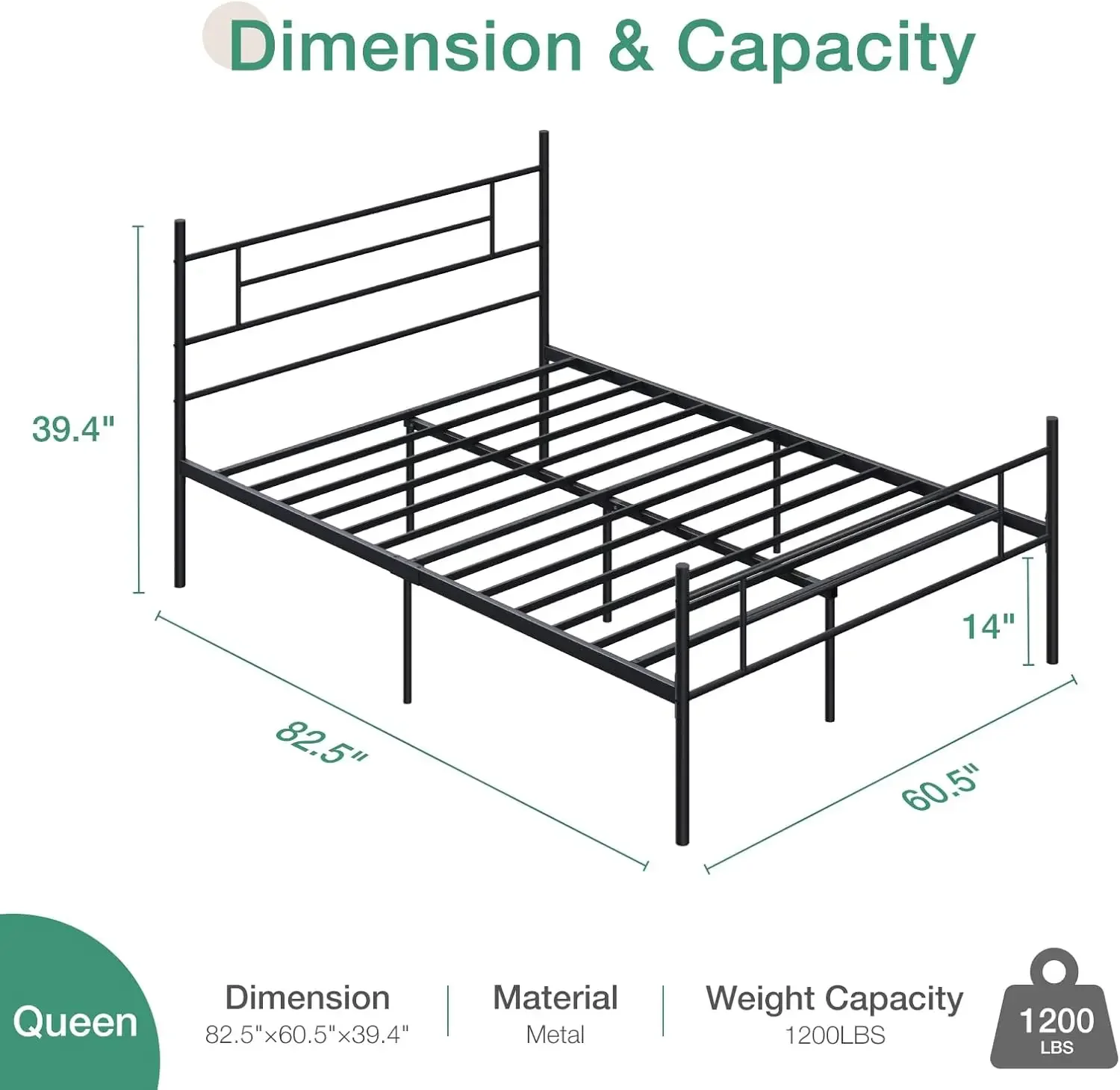 Queen Size Bed Frame with Headboard and Footboard, 14 Inch Metal Platform Bed Frame, Under Bed Storage, Strong Metal Slats