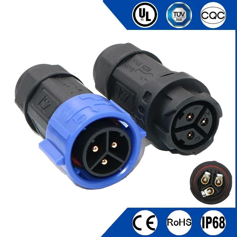 35A Waterproof M25 2 3 4 Pin Cable Connector IP67 Male Female Soldering/Screw Wire Self-locking Quick Plug CE TUV Certified