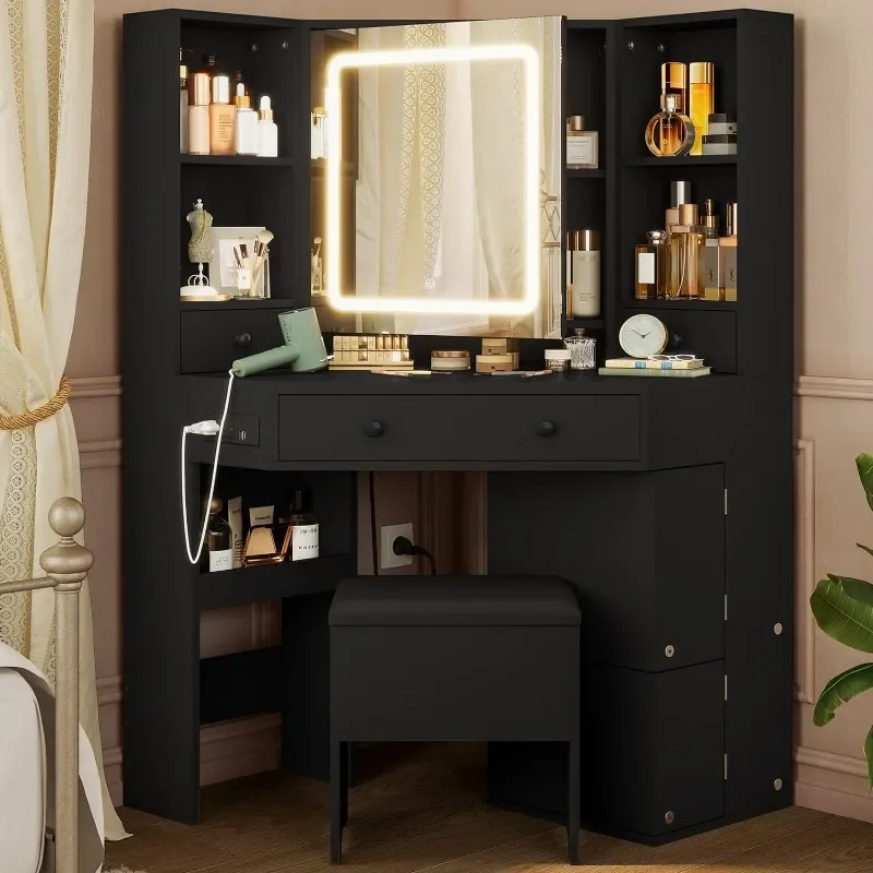 Nordic Vanity Desk,Makeup Vanity With Mirror & Lights, Vanity Set With Rotating Shelves, Charging Station,Drawers&Storage Stool