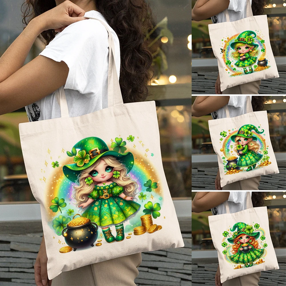 

Cartoon Green Clover Witch Girl Shopping Bags Double Print Large Capacity Women Shopper Bag Lady Tote Shoulder Flower Handbag