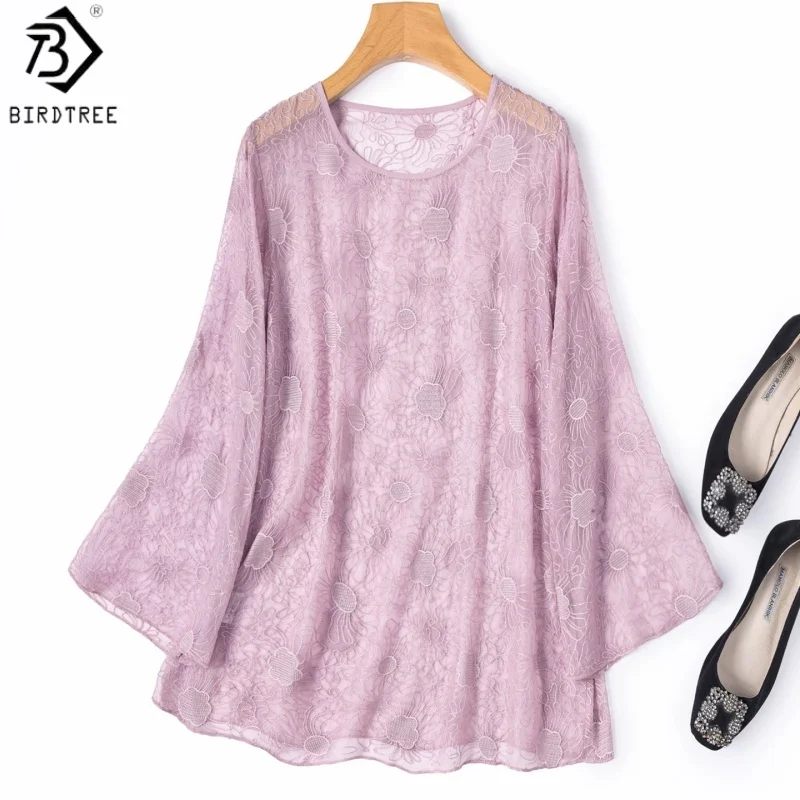 

Birdtree, 100% Real Silk Sheer Blouse, O-neck Long Sleeve Shirt, Women's Embroidery Georgette Smock, 2026 Summer New T65609JF