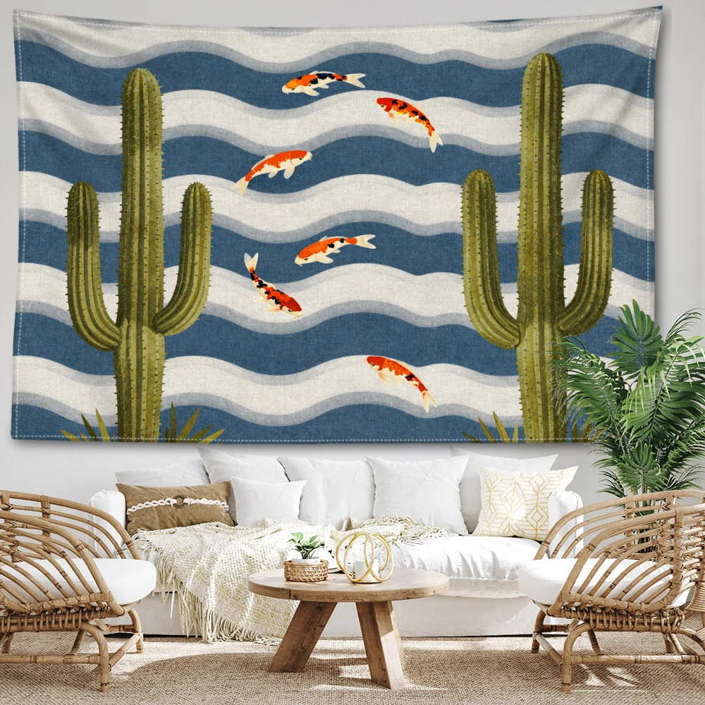 Blue Wave Saguaro Cactus Koi Fish Wall Tapestry, Desert Boho Decor