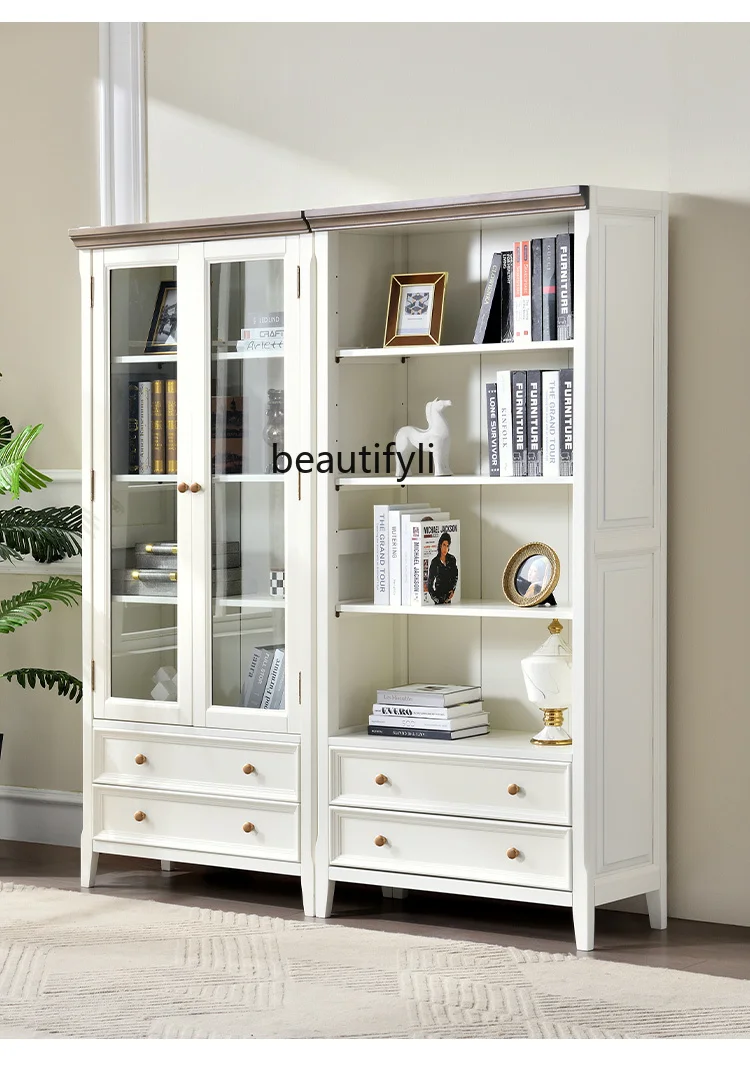 

American white cream wind solid wood living room floor-to-ceiling bookcase with glass door shelf study
