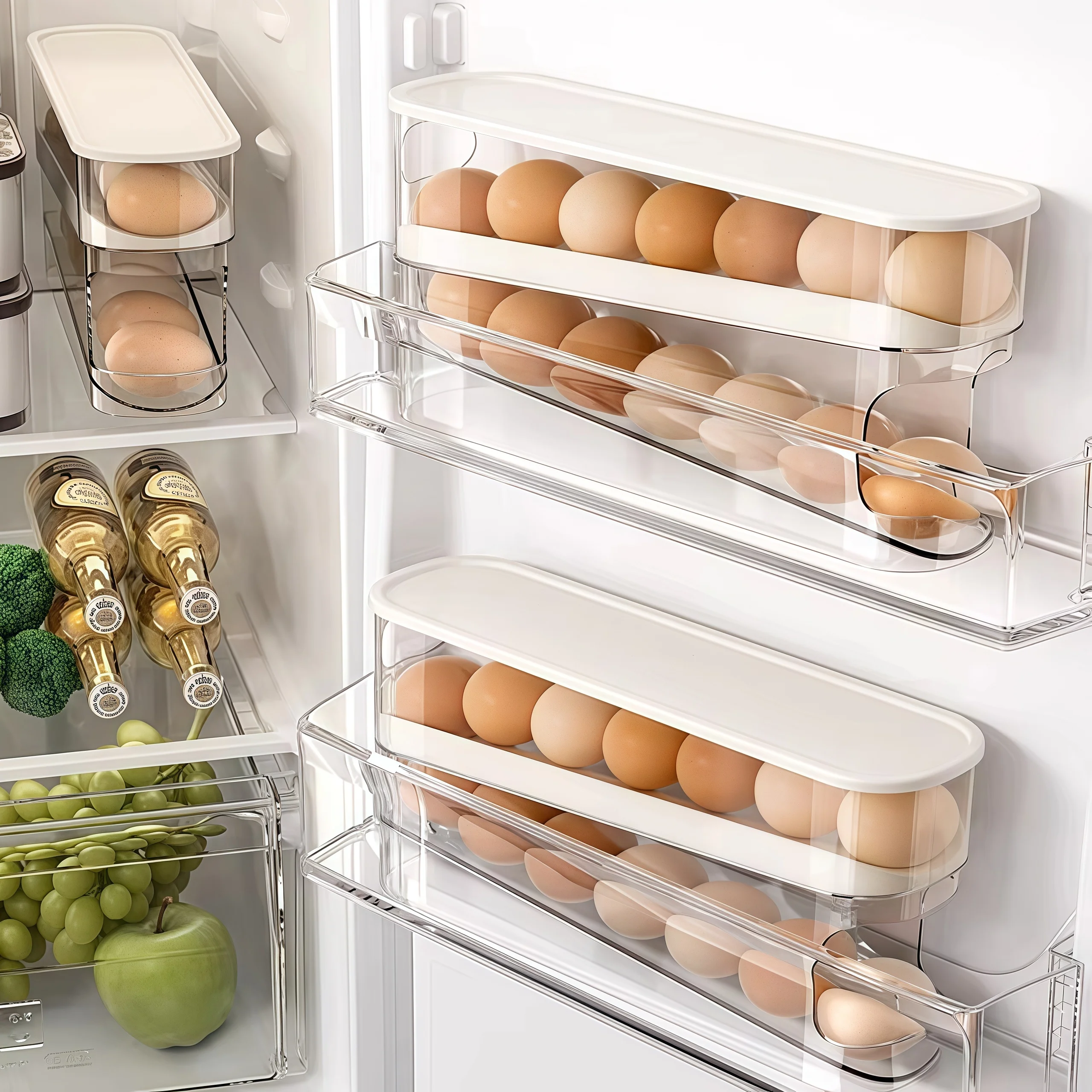 Double Layer Rolling Egg Dispenser Refrigerator Egg Storage Box Automatic Scrolling Egg Holder Household Large Capacity Kitchen