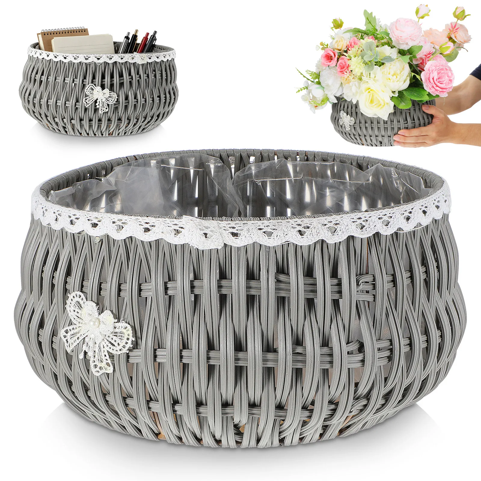

Imitation Rattan Round Basket Grey Rustic Woven Planter for Indoor Outdoor Plants Decorative Plant Pot Cover Seagrass Storage