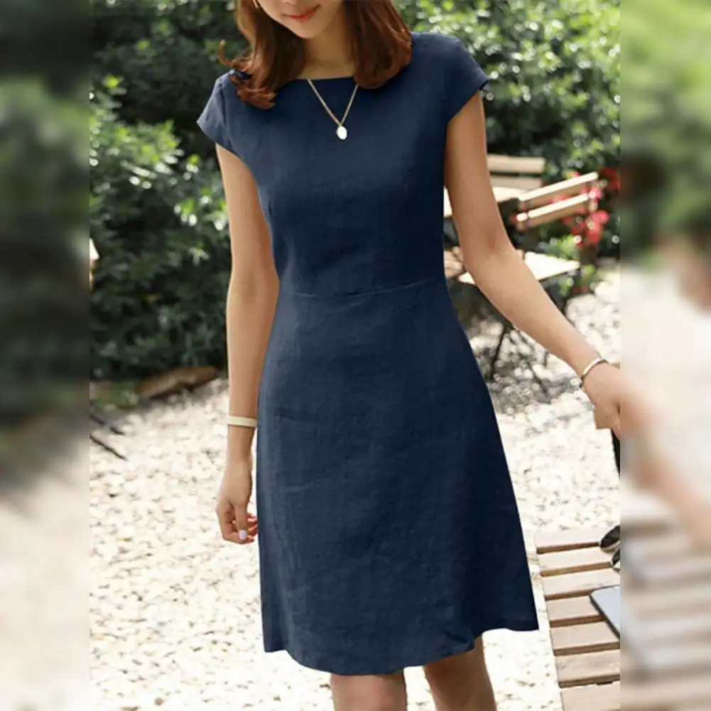 Natural Cotton Women short Dress Round Neck Short Sleeved Dress V Zipper Elegant Backless Dress Casual Pure Color Mini Dresses