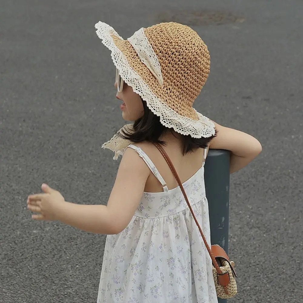 الدانتيل يصل الأطفال القش قبعة الشمس الكورية نمط التظليل قبعة الكرتون ظلة قبعة طوي صياد قبعة الأطفال قبعة بواقٍ للشمس الصبي #6