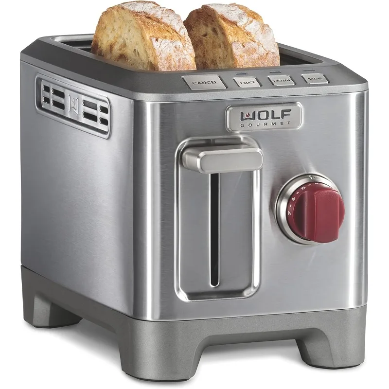 2-Slice Extra-Wide Slot Toaster with Shade Selector, Bagel and Defrost Settings, Red Knob, Stainless Steel