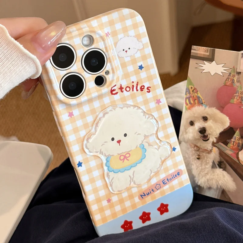 เคสโทรศัพท์ลายการ์ตูนสีเหลือง Apple16 เหมาะสำหรับ iPhone17promax สายคล้องคอ 3D Puppy 13 นุ่ม 14