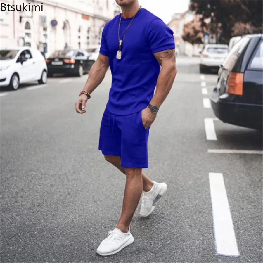 2024 Men\'s Summer 2PCS Casual Sportswear Suit Sets Solid Fitness Loose Tracksuit Sets Male Short Sleeved Shirts and Shorts Sets