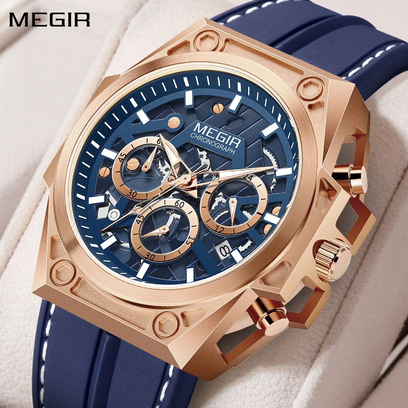 

MEGIR Роскошные кварцевые часы для мужчин, наручные часы с большим циферблатом, водостойкий светящийся хронограф, часы с датой, 24 часа Montre Homme 4220