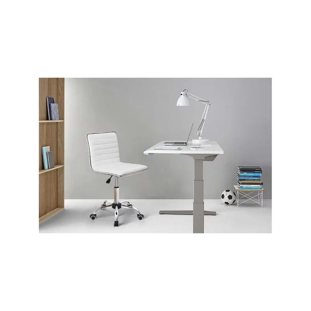 Mid Back Vanity Chair for Makeup Room, Low Back PU Leather Swivel Computer Desk Chair, Task and Office Chair Retro (White)