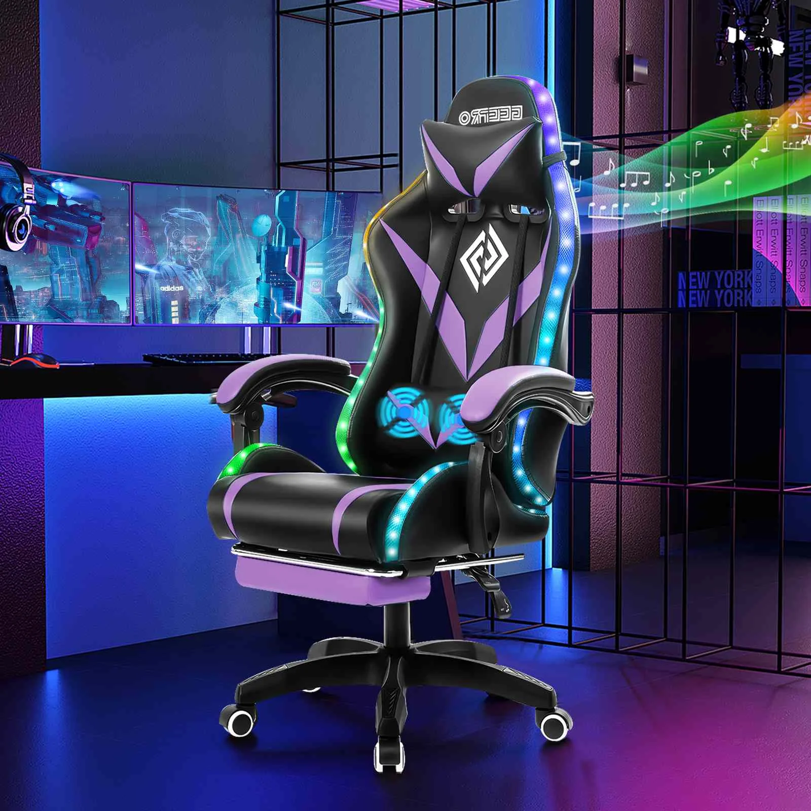 Gaming Chair Footrest Massage Swivel Ergonomic Racing Computer Office Chair With LED bluetooth Speaker Height Adjustable