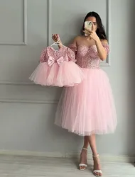 Off Shoulder Sweetheart Sequins and Tulle Mother and Daughter Matching Gown Bow Back Mum&Kids Photoshoot Dress Babyshower Dress