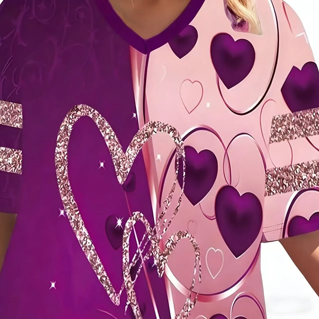 تي شيرت بطبعة قلب مقاس كبير، تي شيرت كاجوال للربيع والصيف برقبة على شكل حرف V وأكمام قصيرة، ملابس بمقاسات كبيرة #6