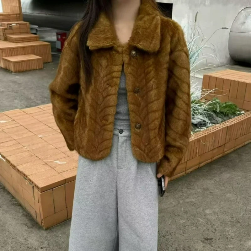 Imitation Fur Collar Thick Coat for Women Winter 2026 Fashionable Golden Leaf Mink High-end Warm Fur Integrated Top for Women