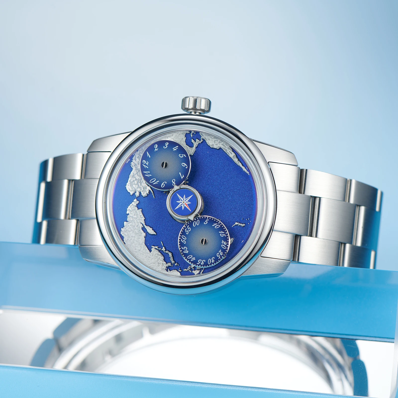 OBLVLO Fashion Stainless Steel Earth DIal Automatic Watch Blue Luminous Waterproof Mechanical Watches For Business Men JM-EARTH