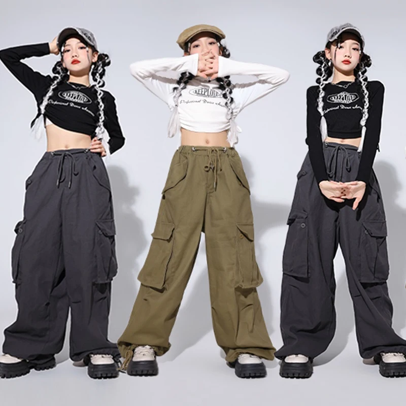 

Hip Hop Girls Costume Kpop Stage Outfit Jazz Dance Clothing Children Fashion Streetwear Black Tops Long Sleeve Cargo Pants 2334