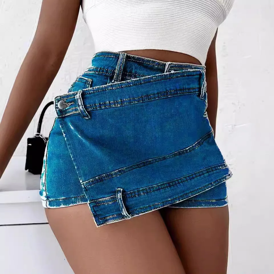 

Women Wide Leg Skirt Denim Washed Shorts High Waist Skirt Loose Spliced Above Mini Skirt Pockets Zipper Fly Patchwork Solid