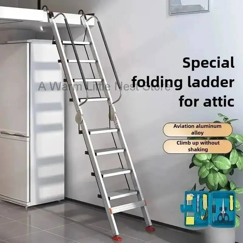 Aluminum Attic Ladder Alloy Home Folding Telescopic Thickened Herringbone Ladder Multi-functional with Handrail Staircase