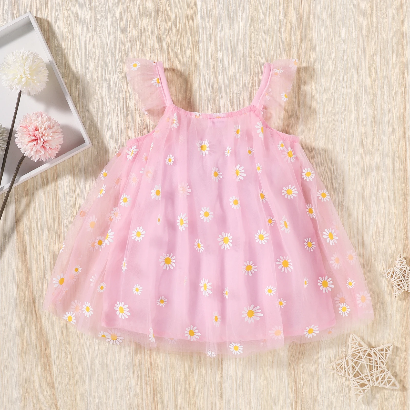 Girls Summer Casual Sunflower Print Halter Tulle Skirt for Babies Lightweight V-Neck Dress Children's Clothing