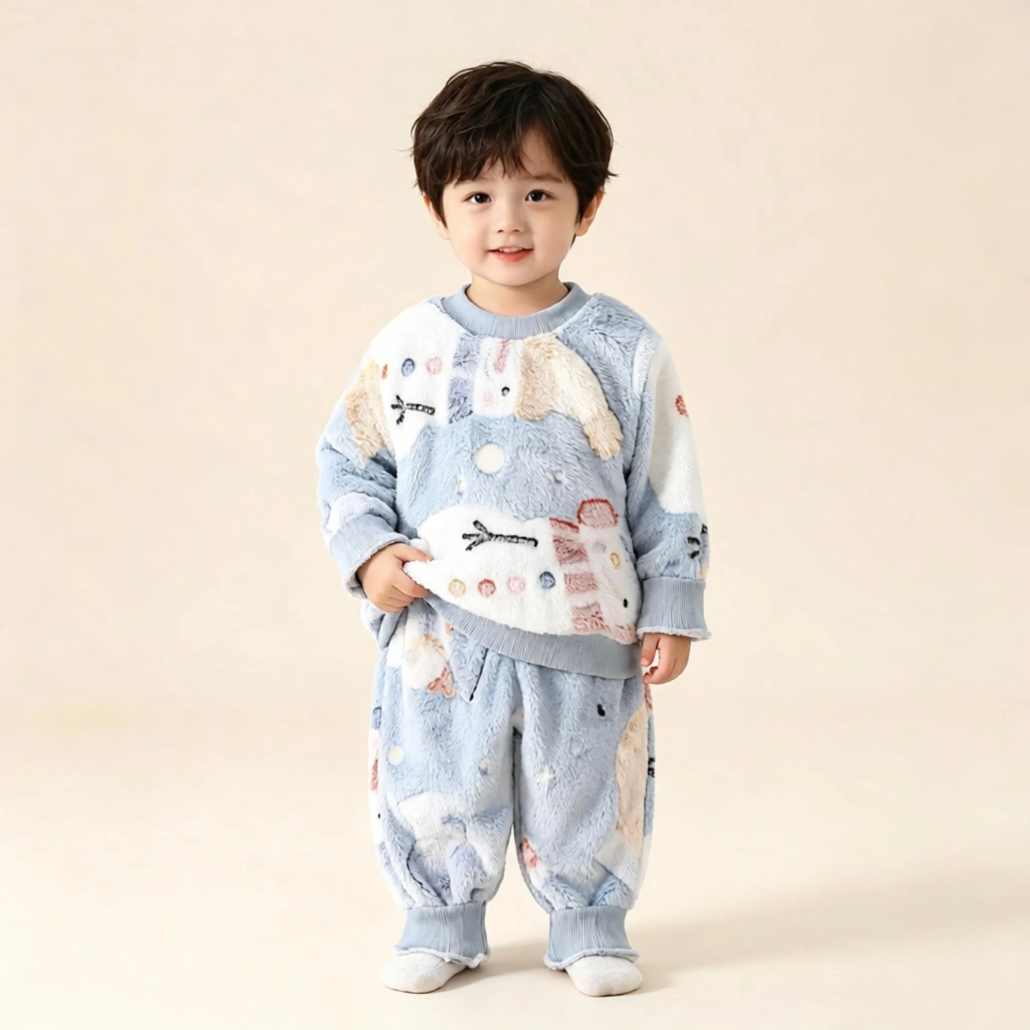 2-teiliges Set für Babys: Lässiges, süßes Oberteil mit Rundhalsausschnitt und langen Ärmeln, verziert mit einem niedlichen Cartoon-Motiv, und eine weiche Hose mit Kordelzug, ideal für den Winter. – Detail 1