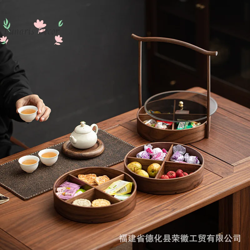 Black walnut four-grid dried fruit plate Home living room snack plate Housewarming melon seeds nut candy plate