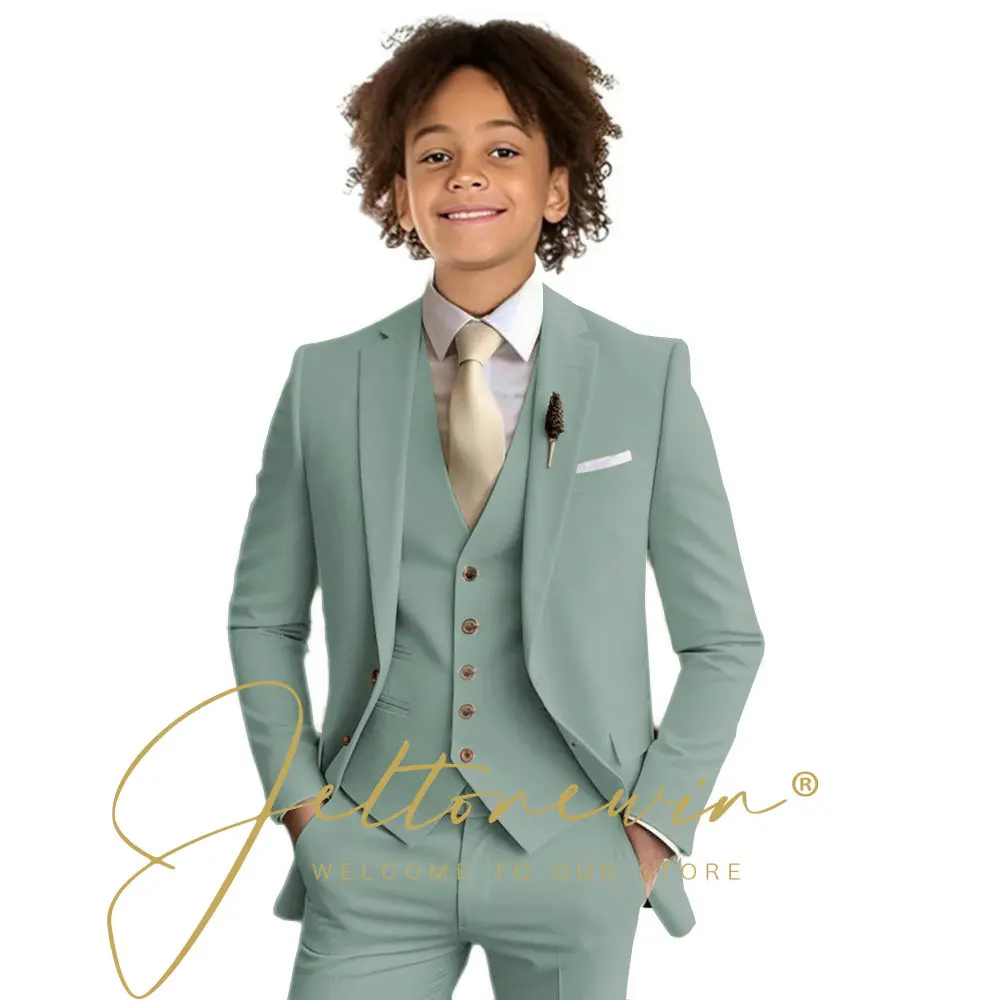 Beigefarbener Slim-Fit-Anzug für Jungen, 3-teiliges Set für Hochzeit, Abschlussball, Abendessen, Party, Kinderuniform, individueller Smoking, Blazer, Weste, Hose