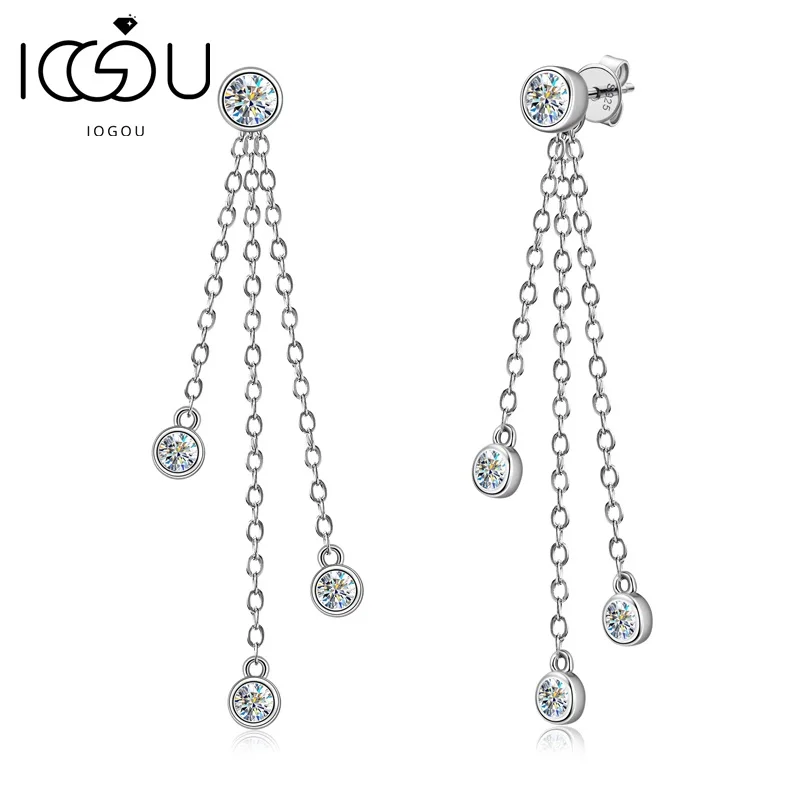 

IOGOU Long Tassel Moissanite Drop Earrings 4mm&3mm D Color Round Diamond Women's Stud Earrings Real 925 Silver Fine Jewelry Gift