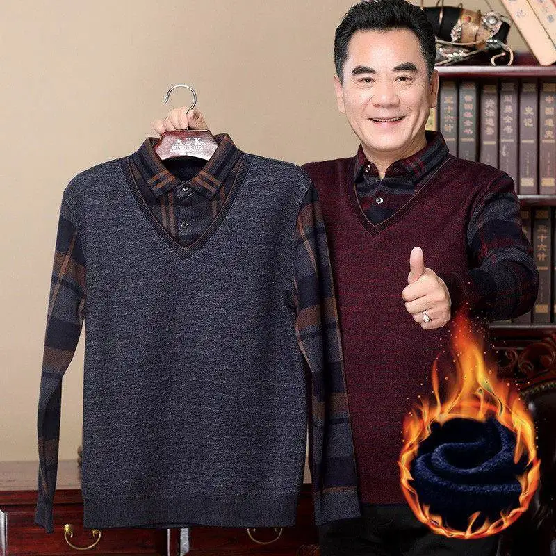 

Thickened Fleece Casual Collared T-Shirt Winter Warm Long Sleeve Print Geometric Pattern Men's Standard Fit Polyester Shirt