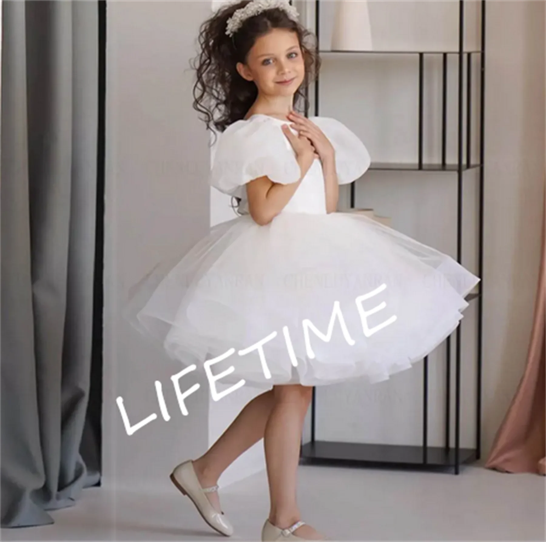 Simple Organza Flower Girls Dresses 2023 Short Puff Sleeves Ivory Kids Wedding Party Dress A-Line Knee-Length Girl Princess Gown