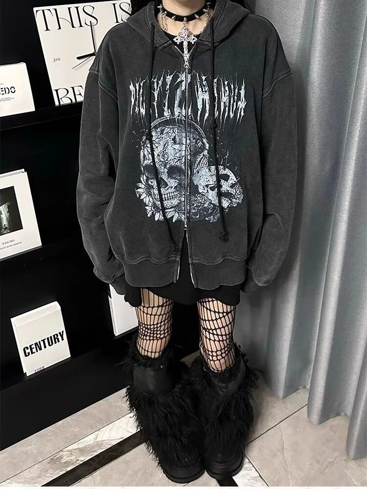 Y2K 빈티지 펑크 스타일 후드 재킷 긴 소매 여성 캐주얼 해골 프린트 디스트레스드 코트 서브컬쳐 지퍼 2025 가을