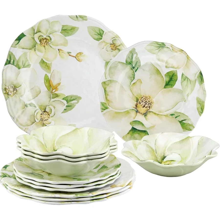 Conjuntos de louças de melamina magnólia de 12 peças, conjunto de pratos ao ar livre, conjuntos de pratos e tigelas, serviço para 4, verde