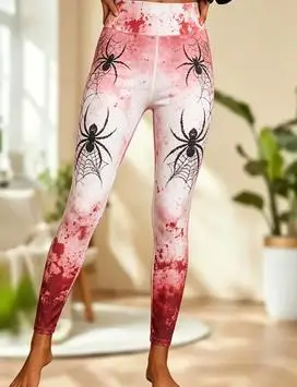 Women Mid‑Rise Fleece Lined Leggings, Halloween Purple Spider Web Gradient Print Slim Stretch Pants