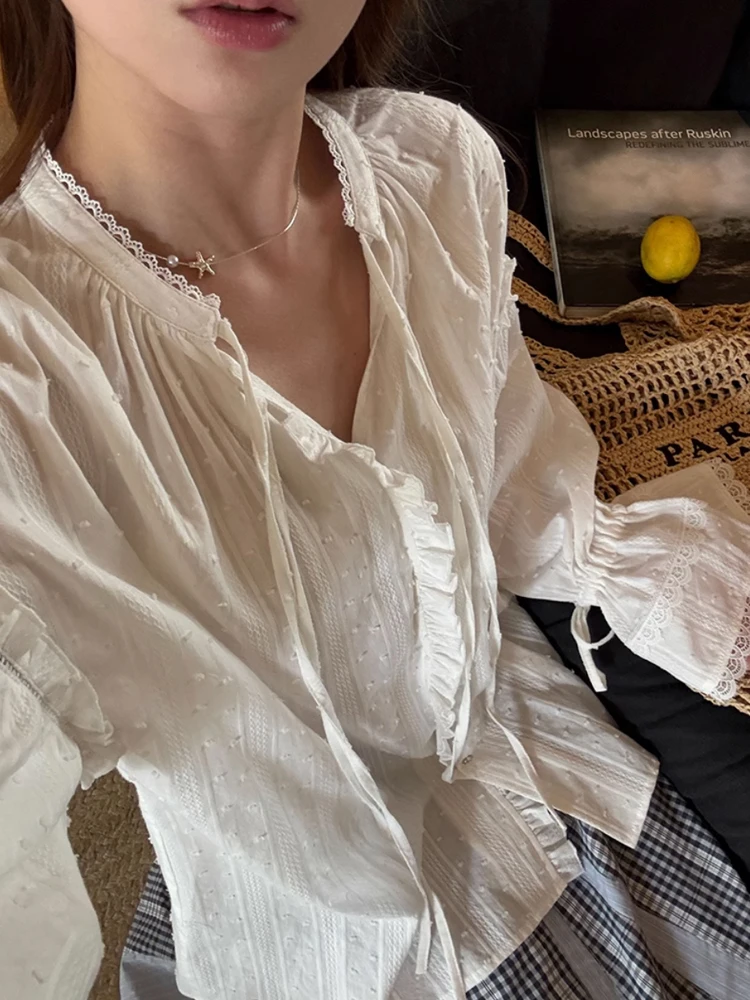 

Swiss Dot Ruffled V-Neck Blouse Women French Sweetheart Lantern Sleeve Lace Trim Shirt Sheer Sun Protection Oversized Cami Top
