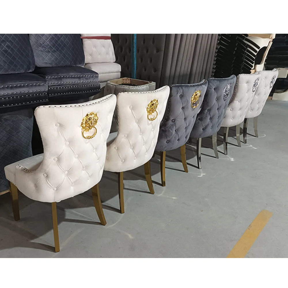 European Luxury Button Tufted Velvet Fabric Lion Knocker Modern Design Stainless Steel Legs Dining Room Sets of 6 Dining Chairs