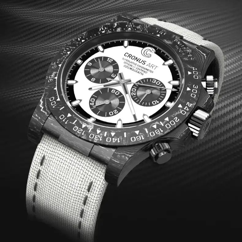 

CRONUSART Men Chronograph Watch 40mm Automatic Mechanical Wristwatch Carbon Fiber Case Sapphire Mirror Luminou Canvas Strap