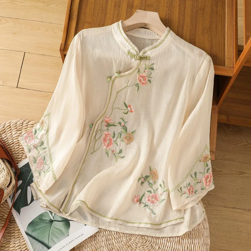 Cotton Linen Women\'s Shirt Summer Embroidery Chinese Style Blouses Trend 2024 Loose Clothing SALES Vintage Short Women Tops