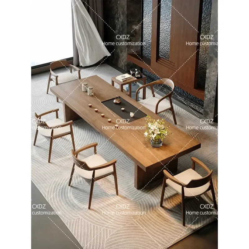 Solid Wood Tea Table and 5 Chairs Set Modern Light Luxury Office Reception Furniture Large Board High End Design